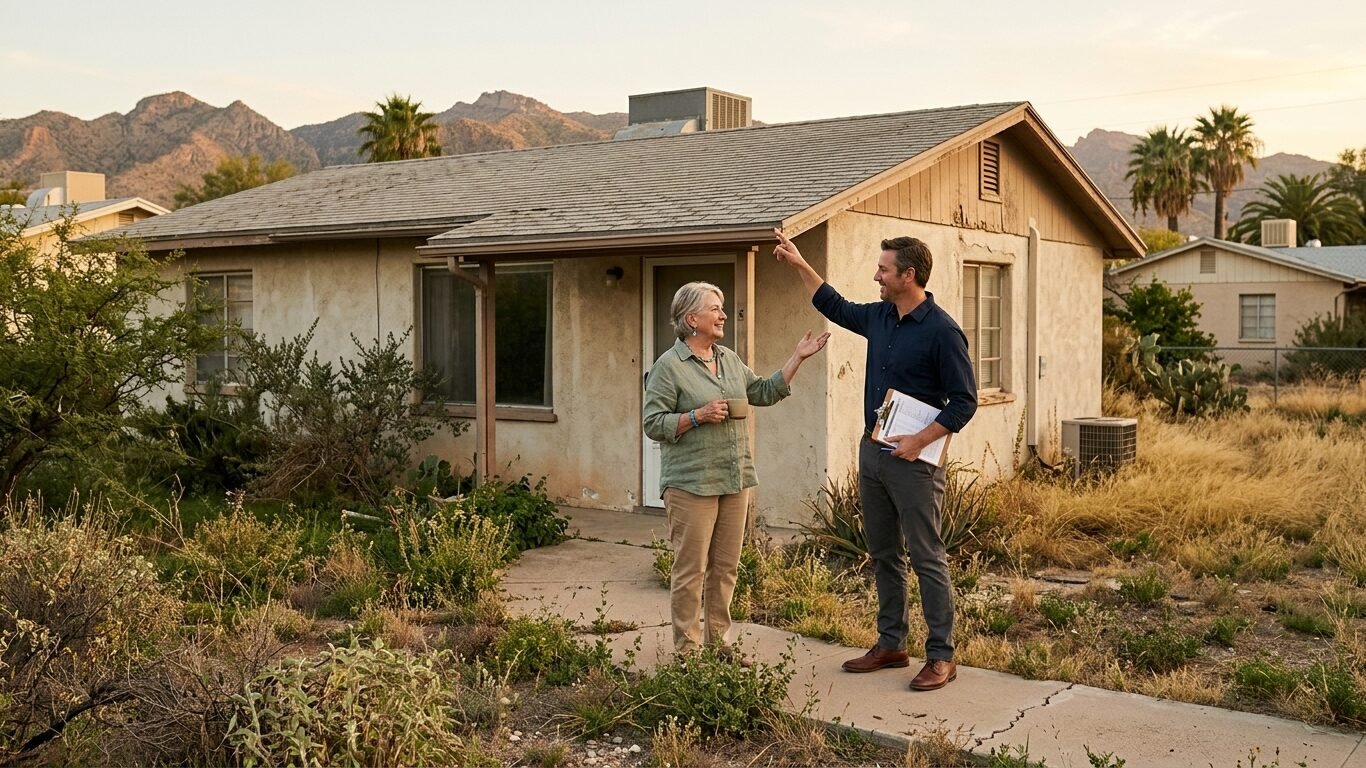 Sell Your Home Fast Arizona as-is with a homeowner discussing a property needing repairs with a professional home buyer.