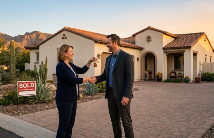 Sell Your Home Fast Arizona with a homeowner exchanging house keys with a professional cash buyer outside a suburban home.