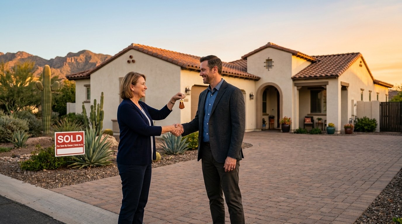 Sell Your Home Fast Arizona with a homeowner exchanging house keys with a professional cash buyer outside a suburban home.