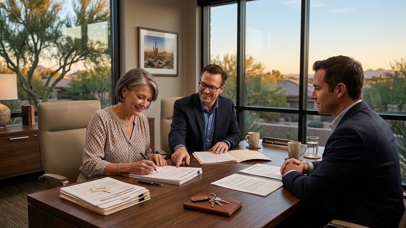 Sell Your Home Fast Arizona through a simple cash closing with a homeowner signing property sale documents.