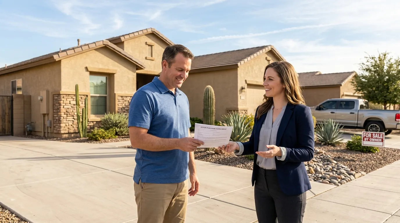 Cash Home Buyers Goodyear AZ presenting a cash offer to a homeowner